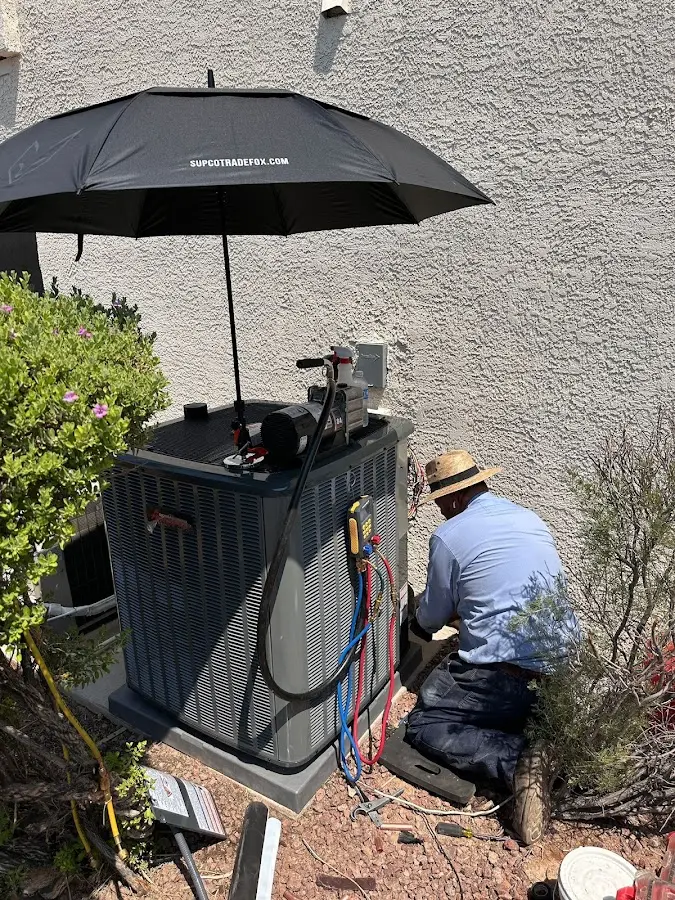 HVAC technician performing outdoor AC maintenance in Algonquin